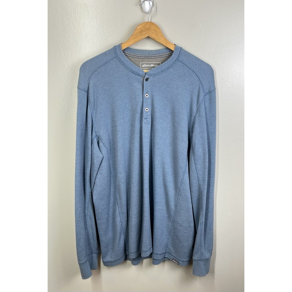 Eddie Bauer Mens Waffle Knit Henley Shirt Light Blue Sz Lg Thermal Preppy